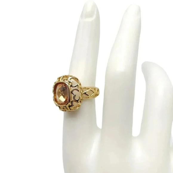 UNCAS Gold Vermeil Over Brass Large Peach Rhinestone Ring Size 7 - Picture 2 of 5